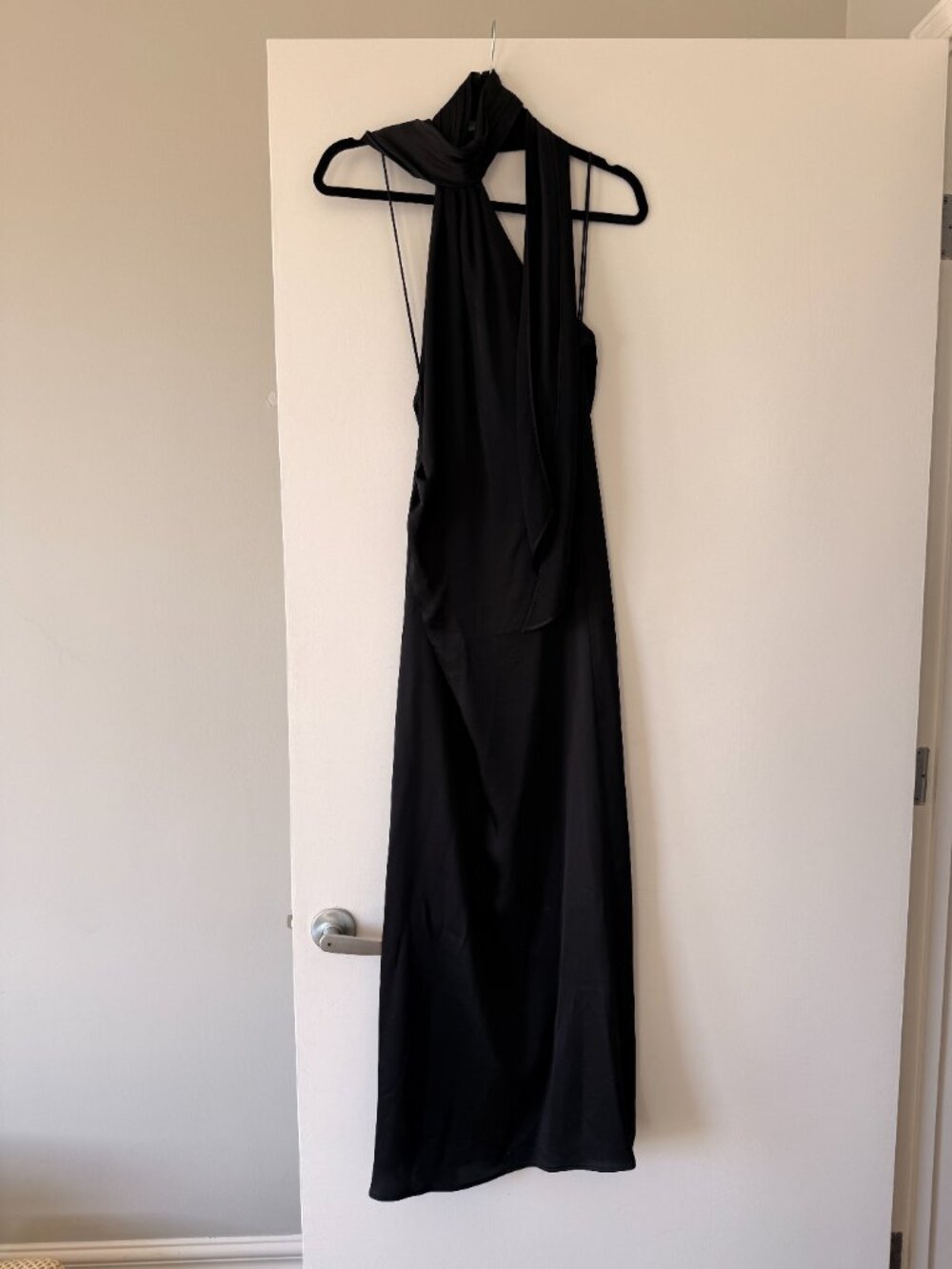 Jonathan Simkhai Black Satin Halter Gown with Scarf Neck Detail, Size 0